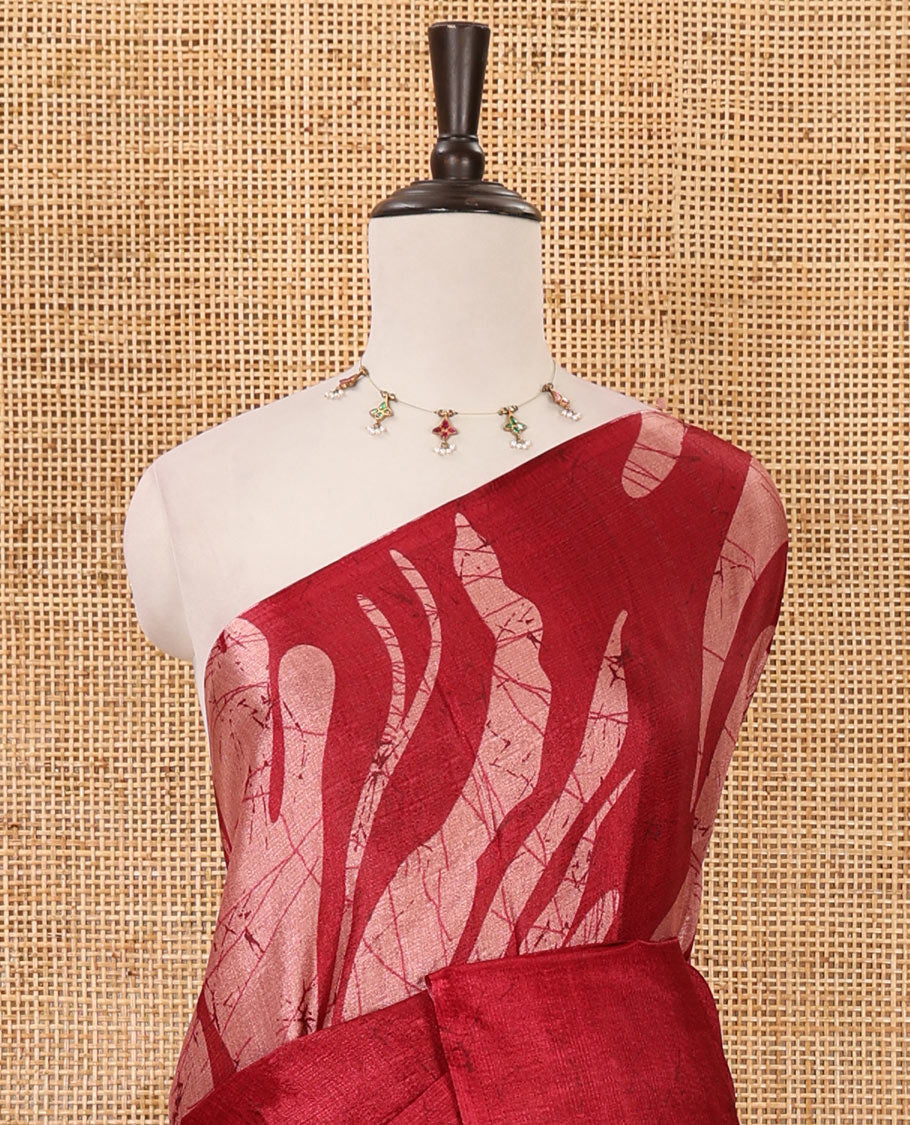 Borderless rani pink batik-style abstract vines printed khadi cotton saree, matching plain blouse