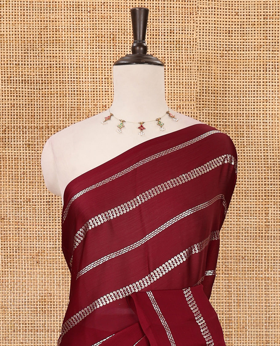 Borderless purple horizontal-style stripes foli printed Fendy chiffon saree