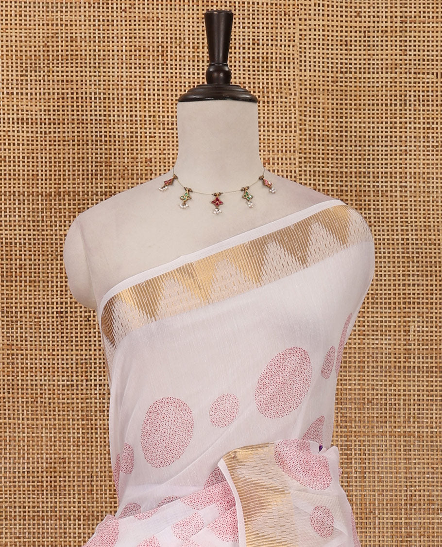 White-red circular motifs printed mercerised cotton saree, temple zari border, circular motifs printed pallu & matching zari border blouse