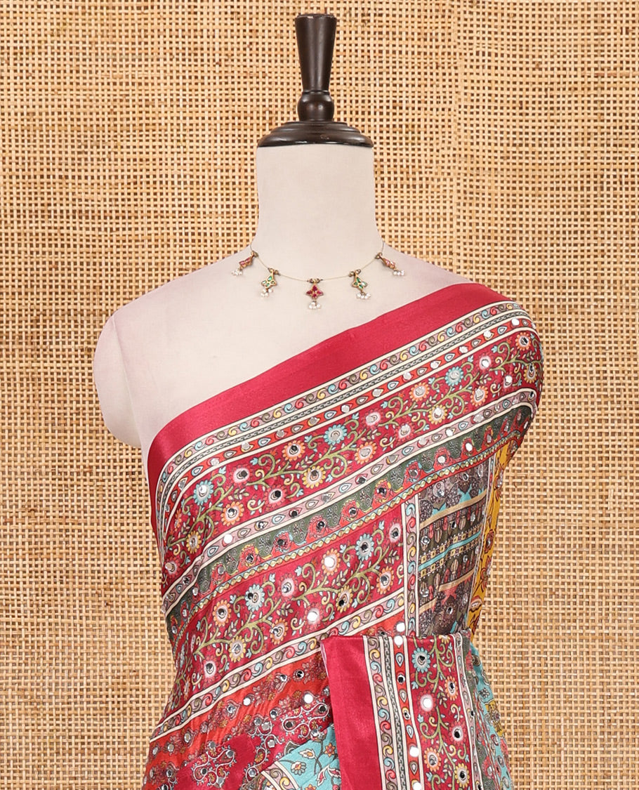 Rani pink geometric patterns kaleidoscope-colored printed & mirror embroidered half-&-half masakali saree, printed border & pallu of embroidery work & plain blouse
