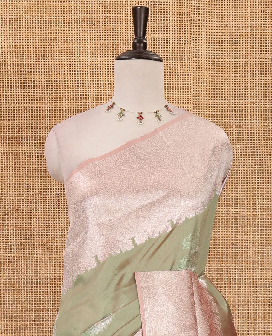 Pista green silver zari manga buttas Elite soft silk saree, contrast traditional zari border, intricate zari pallu & contrast zari buttas blouse