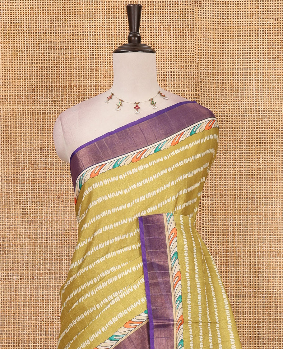 Mehendi green shibori-style printed soft-tussar saree, contrast zari border, kalamkari peacock printed pallu & kalamkari floral vine print contrast blouse