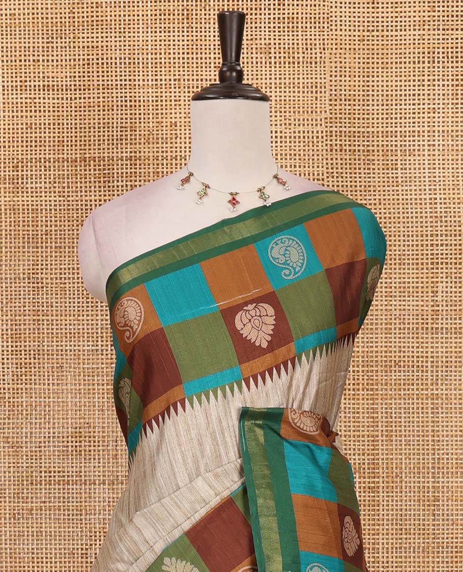 Chikku-Green plain kathan silk saree, contrast buttas enclosed multi-color checked blocks border, temple pallu, and contrast blouse of checks, and buttas