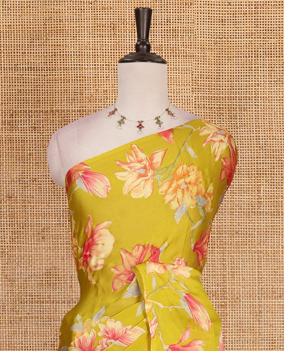 Borderless green lily style floral motifs digital printed nara chiffon saree, contrast plain blouse
