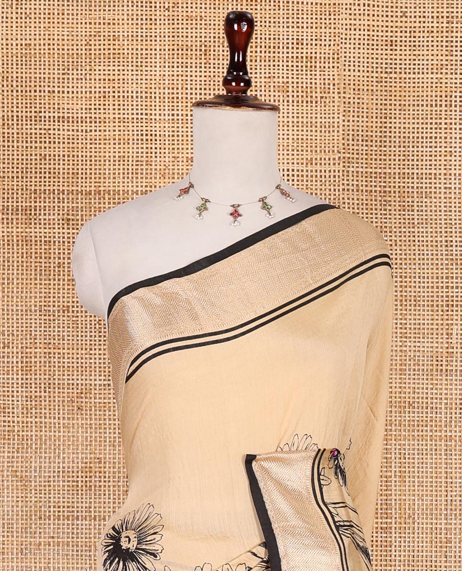 Chikku sunflower floral printed assam cotton saree, zari border of traditional motifs, striped pallu, and contrast blouse