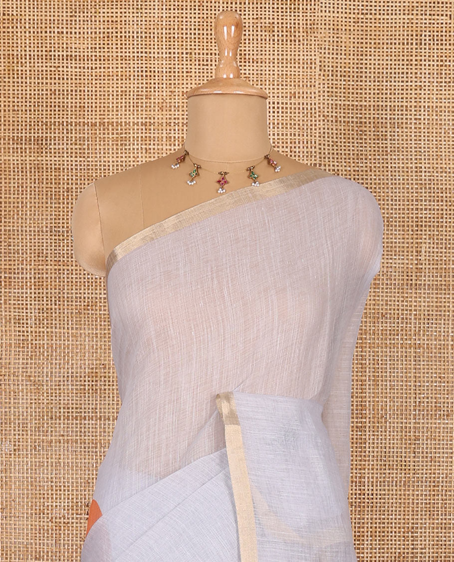 Grey sun and deer silhouette printed linen cotton saree, gold zari piping border, printed pallu, and a matching stripes printed blouse