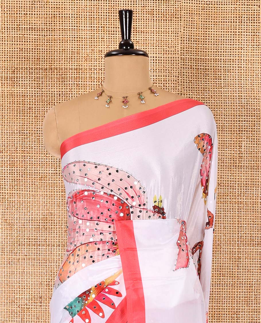 White floral-bird theme printed with mirror work masakali saree, contrast border, and a contrast floral vine printed blouse