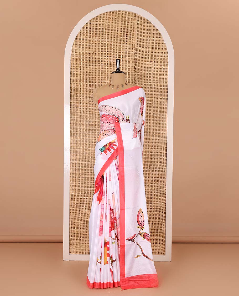 White floral-bird theme printed with mirror work masakali saree, contrast border, and a contrast floral vine printed blouse