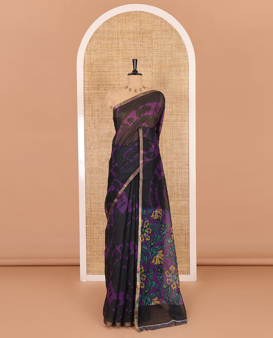 Borderless black big circle shibori printed linen cotton saree, contrast sanganeri floral block printed pallu, and a contrast printed blouse
