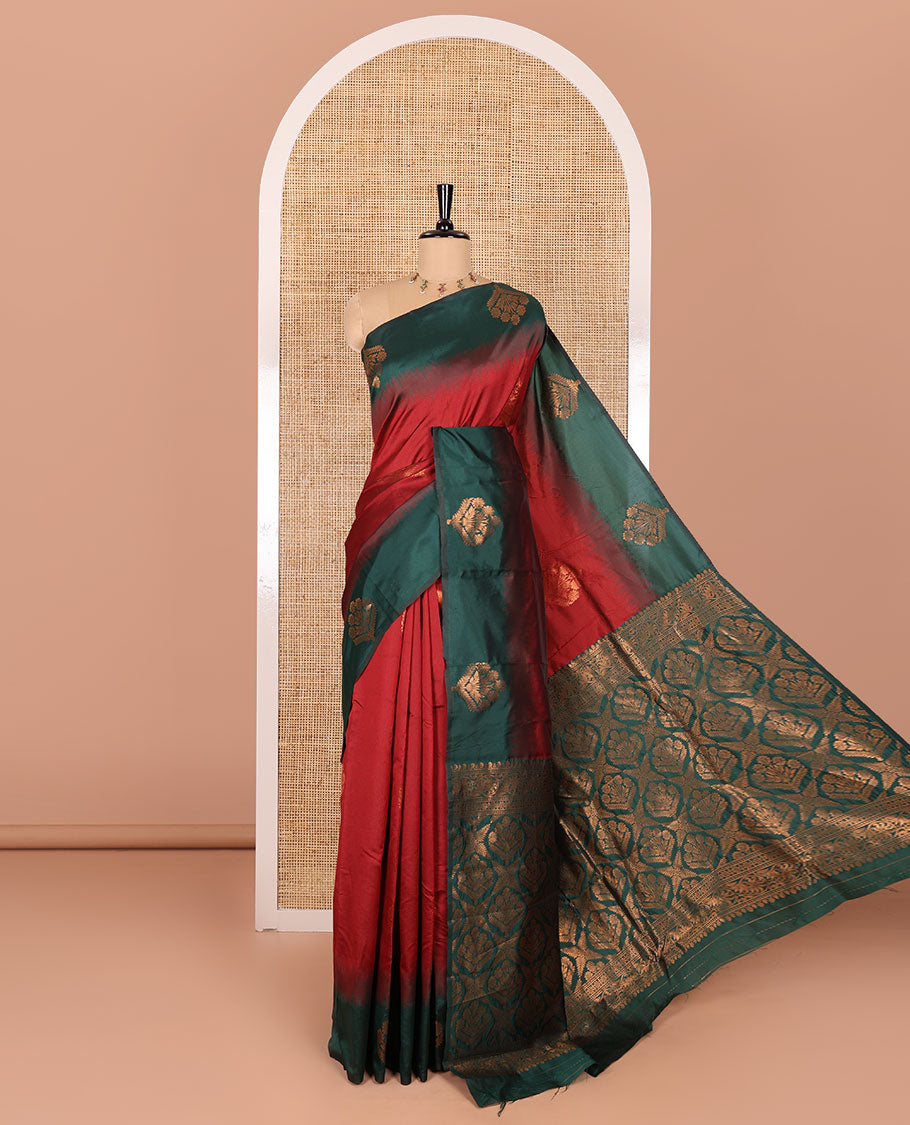 Maroon floral zari buttas Kanchi silk saree, contrast floral motifs zari woven border, butta enclosed jaal pallu, and a zari design pallu