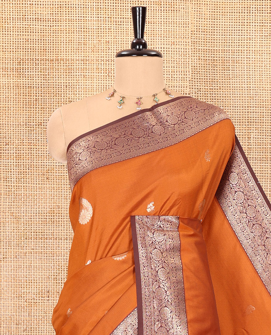 Rust orange manga buttas kanchi soft-silk saree, contrast traditional zari border of floral creeper designs, intricate pallu, and a contrast zari design blouse