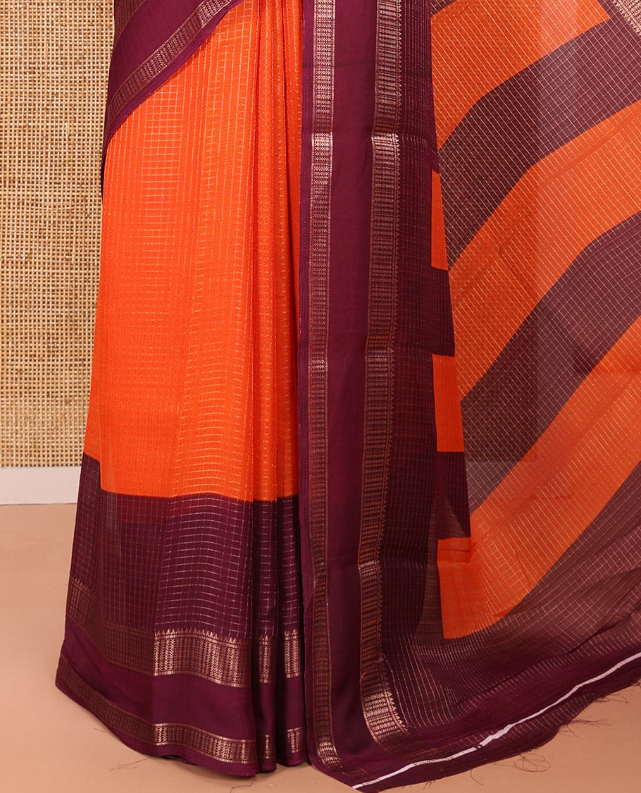 Rust Orange Moss Chiffon Saree Subtly Sparkled with Zari Checks All Over Its Body, Complemented by a Contrast Traditional Zari Design Border, Striped Pallu, and Paired with a Contrast Blouse