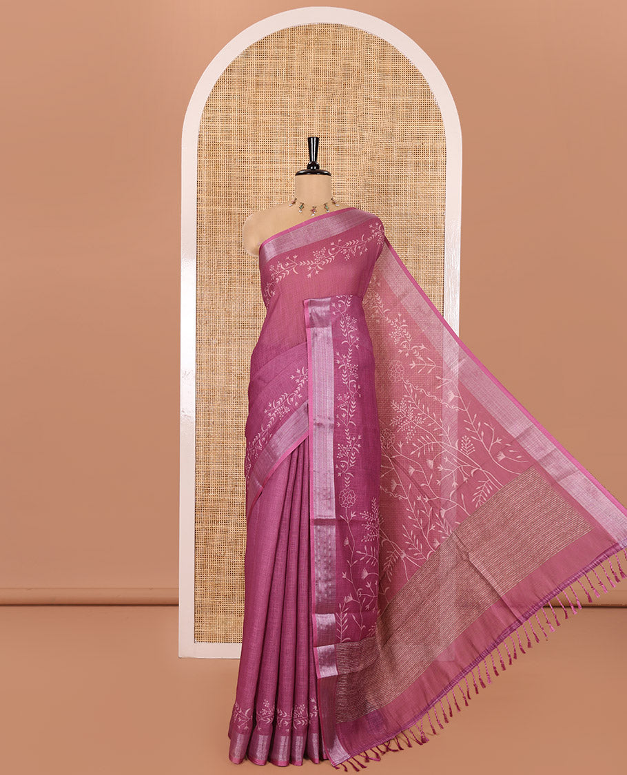 Pink Linen Cotton Saree, Subtly Sparkled with Floral Vine Motifs Printed All Over Its Body, Subtle Bavanji Border, Pallu Steeped with Stripes, and Paired with a Floral Printed Blouse