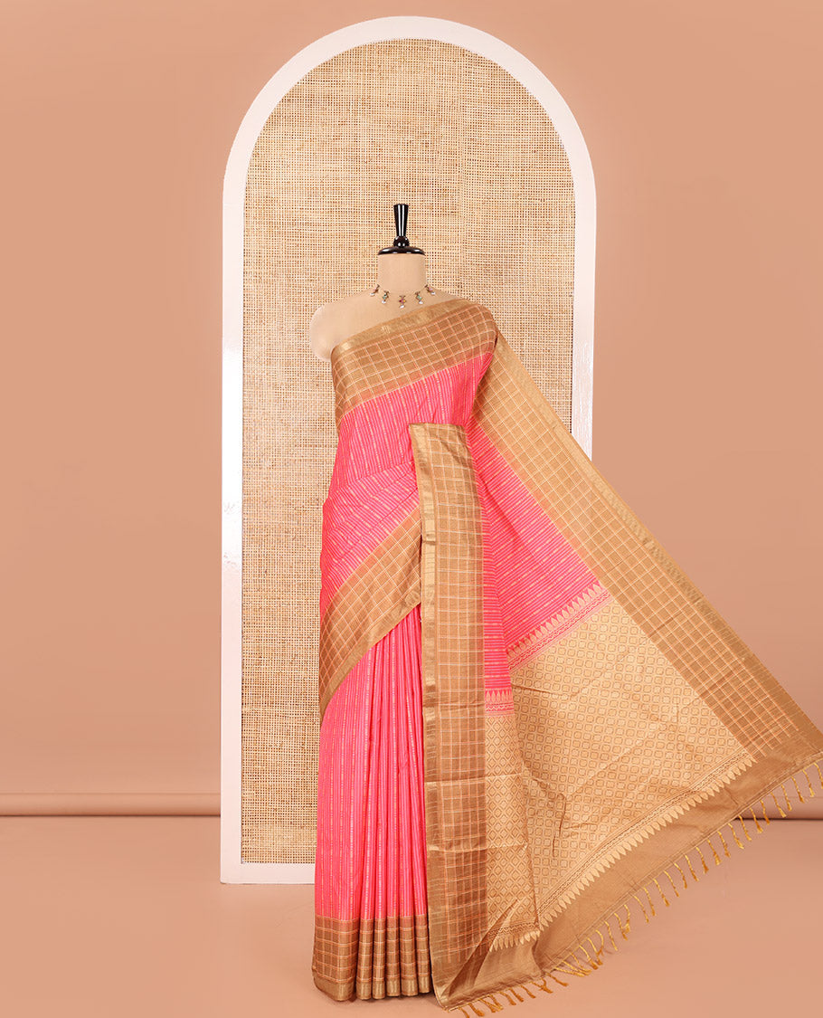 Pink Katan Silk Saree, Elevated with Vaira-Oosai-Style Stripes on Its Body, Complemented by a Contrast-Checked Border, Pallu of Jaal Designs, and Paired with a Contrast Blouse