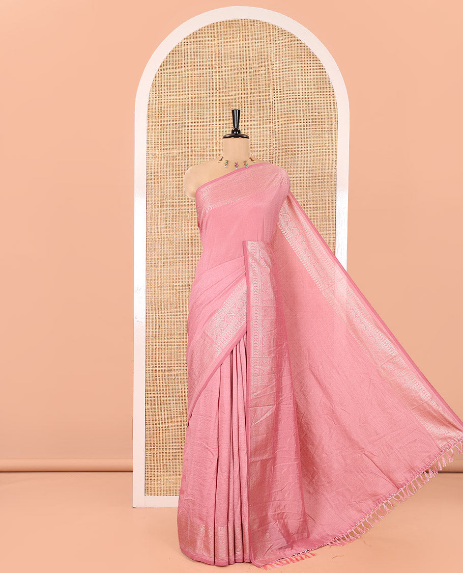 Pink Plain Vichitra Silk Saree, Subtle Traditional Motifs Woven Border, Plain Pallu, and Paired with a Matching Blouse