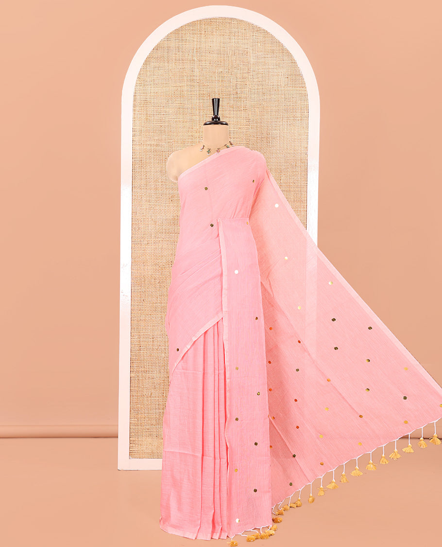 Borderless Peach Khadi Mul Cotton Saree, Gleamed Up with Sequins Work All Over Its Bodyt, and Pallu, and Paired with a Matching Blouse