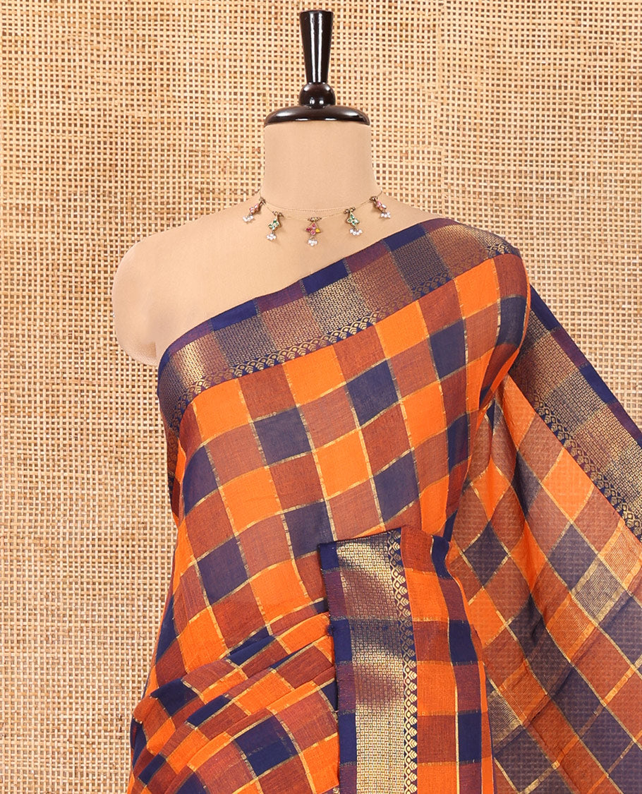 Rust Checked Khadi Mul Cotton Saree, Highlighted by Zari Traditional Border, Zari Checked Pallu, and Paired with a Matching Blouse