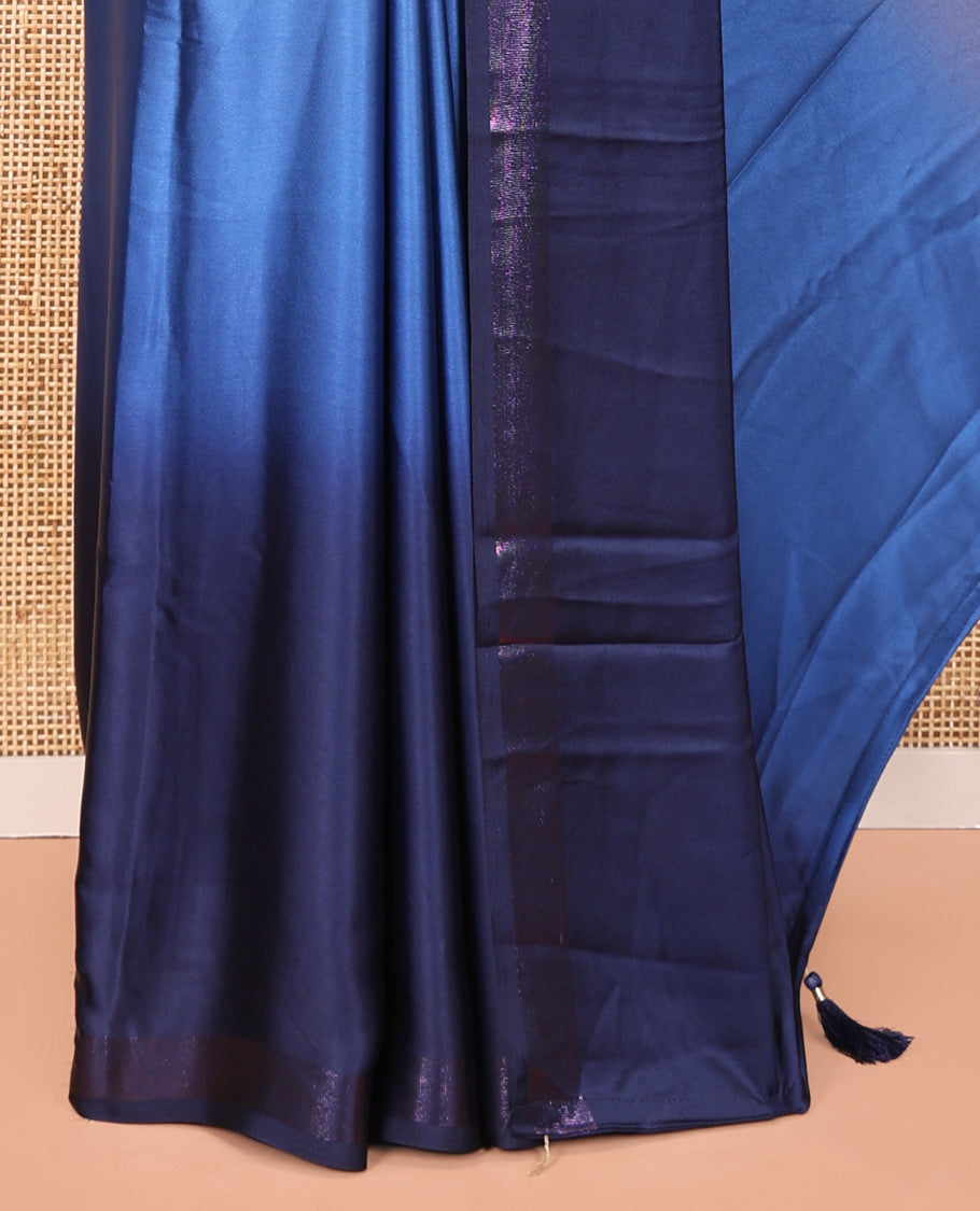 Navy Blue Ombre Plain Satin Crepe Saree, Subtle Zari Border, Plain Pallu, and Comes without a Blouse