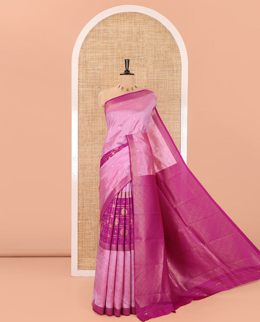 Magenta and Pink Kanchi Silk Saree, Subtly Enriched with Zari Buttas and Buttas Enclosed Checks On Its Body, Complemented by Zari Border, Jaal Pallu, and Paired with a Contrast Jacquard Blouse