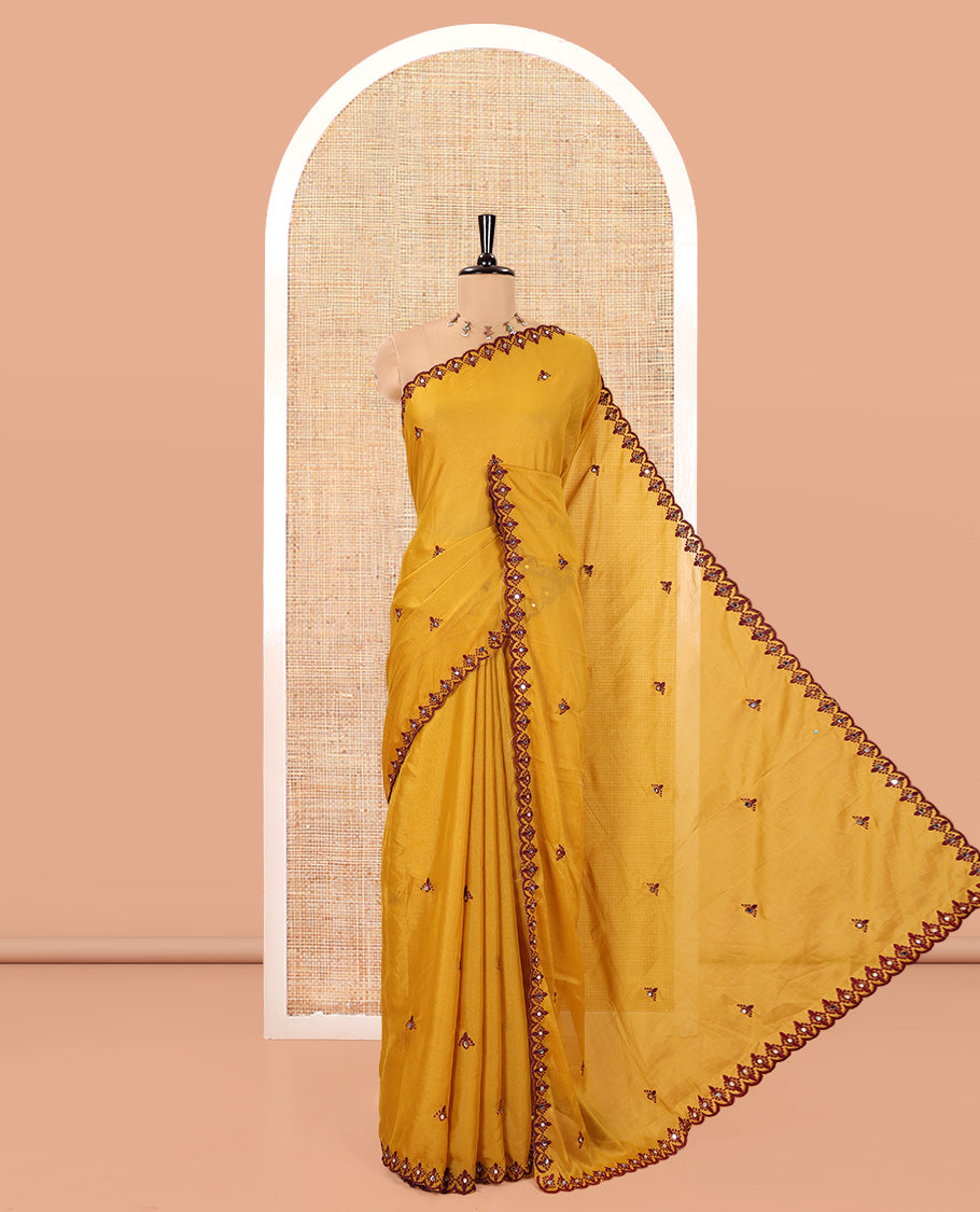 Yellow Rangoli Chiffon Saree, Accentuated with Thread and Mirror Work Buttas on Its Body, Subtle Scallop Embroidered Border, Embroidered Pallu, and Paired with a Contrast Mirror Work Blouse