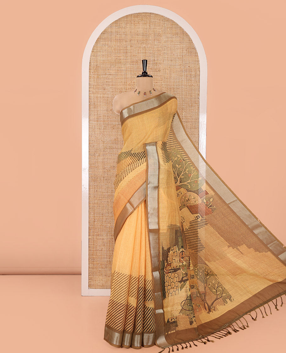 Yellow Linen Cotton Saree, Accentuated with Geometric Patterns Print on Its Body, Complemented by a Contrast Plain Border, Vintage French Scenery Printed Pallu, and Paired with a Contrast Blouse