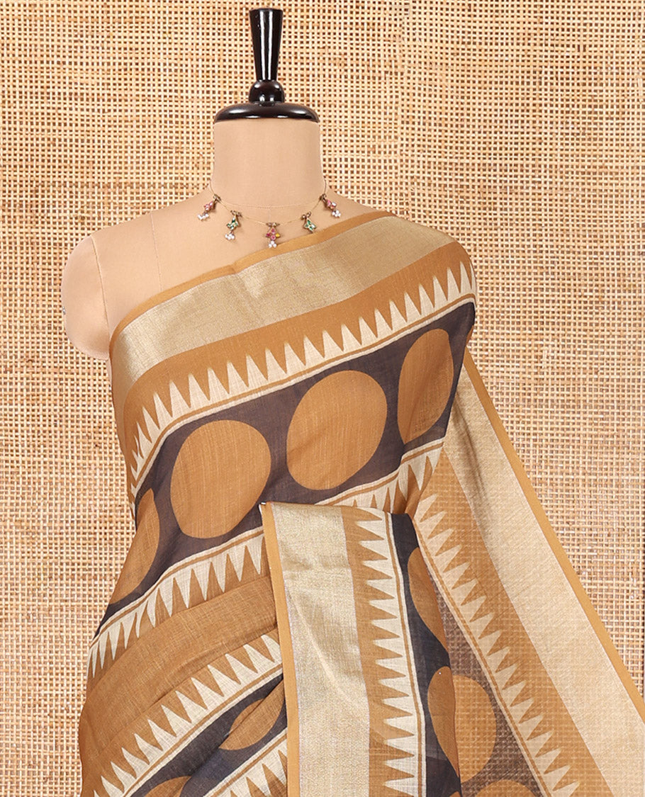 Mustard Linen Cotton Saree, Adorned with Polka Dot and Temple Buttas on Its Body, Highlighted by a Zari Border, Pallu Steeped with Floral Designs, and Paired with a Matching Blouse (Copy)
