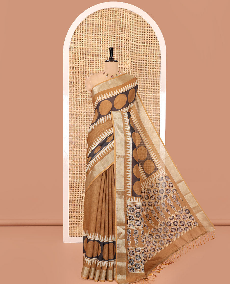 Mustard Linen Cotton Saree, Adorned with Polka Dot and Temple Buttas on Its Body, Highlighted by a Zari Border, Pallu Steeped with Floral Designs, and Paired with a Matching Blouse (Copy)