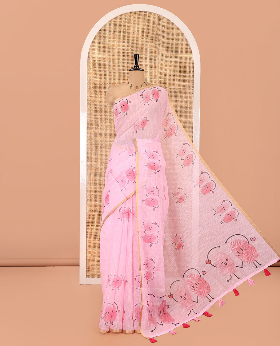 Pink Linen Cotton Saree, Creatively Printed with Thumb Finger Printed Cartoon-Theme Print on Its Body, a Subtle Piping Border, a Self-Printed Pallu, and Paired with a Matching Blouse
