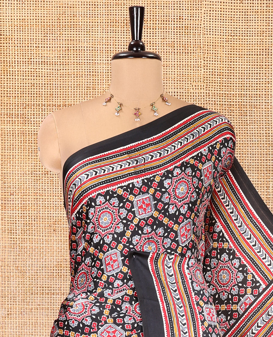 Black Satin Crepe Saree, Accentuated with Intricately Ajrakh Print All Over Its Body, a Self-Border, Ajrakh Printed Pallu, and Paired with a Matching Blouse