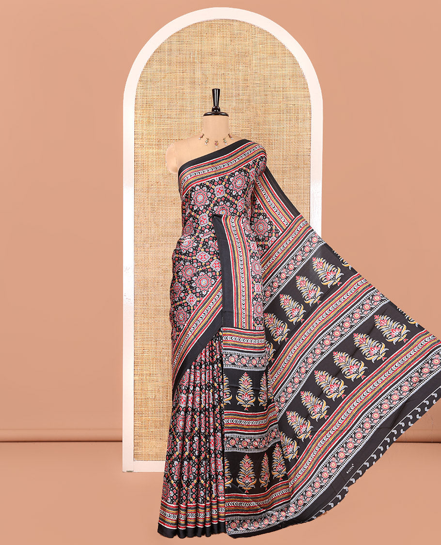 Black Satin Crepe Saree, Accentuated with Intricately Ajrakh Print All Over Its Body, a Self-Border, Ajrakh Printed Pallu, and Paired with a Matching Blouse