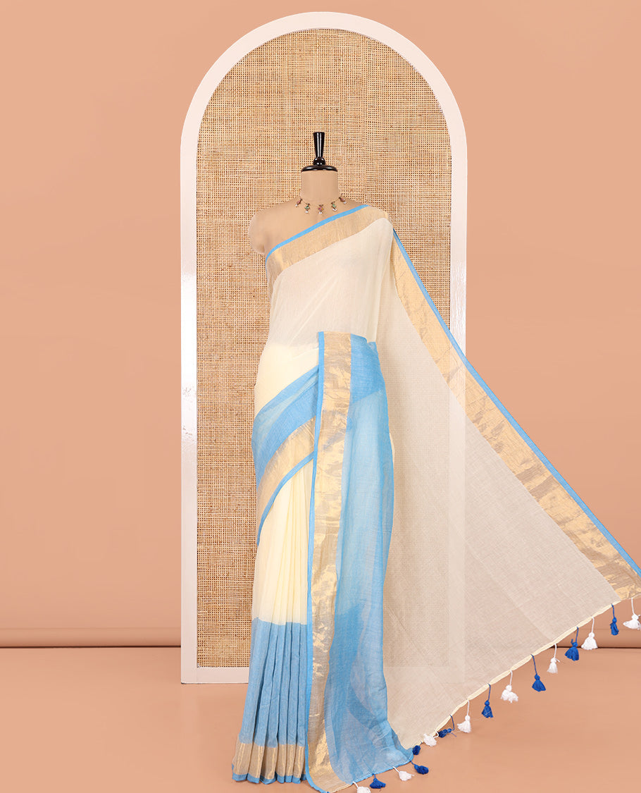 Off-White-Blue Plain Half-And-Half-Style Khadi Mul Cotton Saree with a Zari Border, and No Blouse