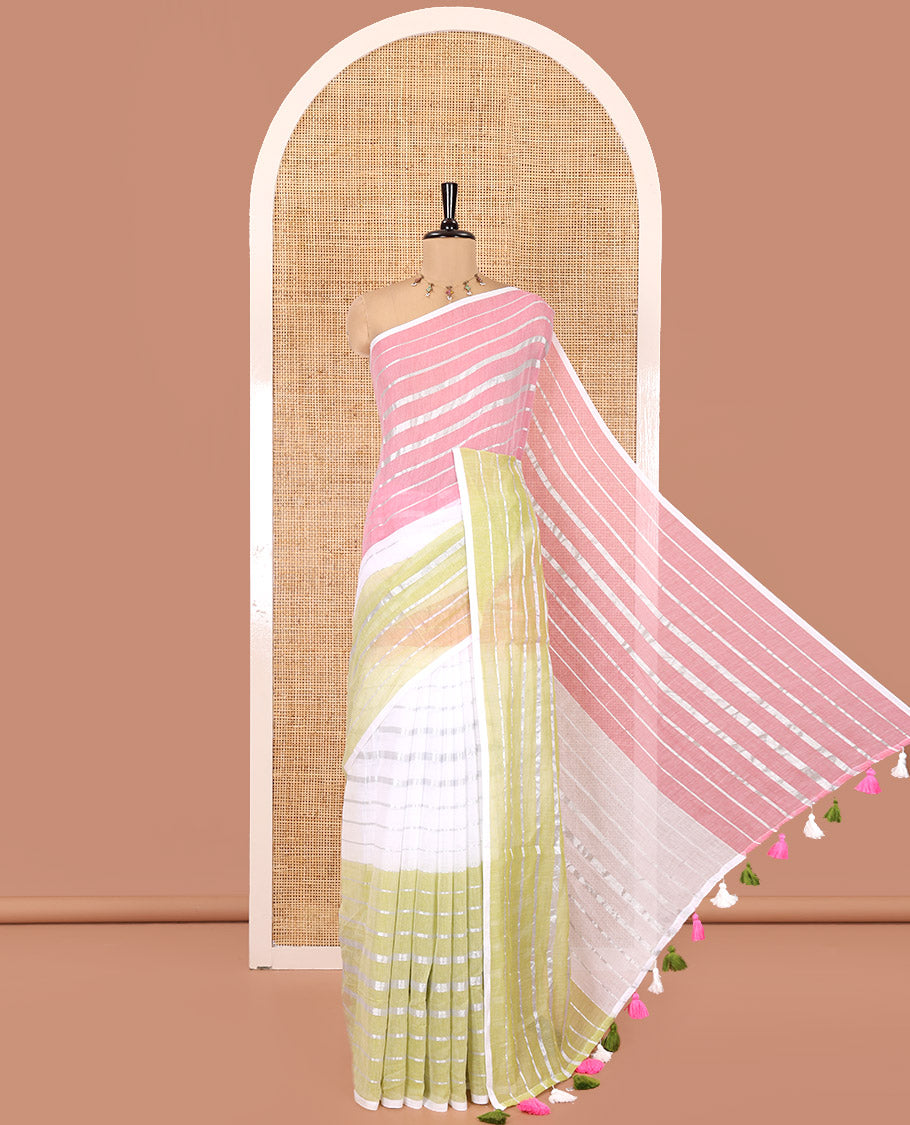 Borderless White and Pink Khadi Mul Cotton Saree, Steeped with Horizontal Zari Stripes, a Subtle Pallu, and a Matching Blouse