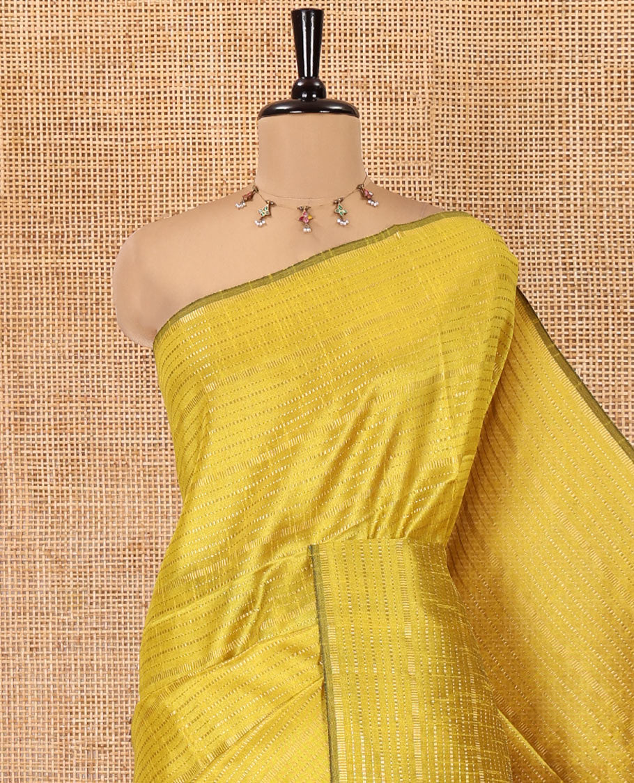 Borderless Yellow and Black Semi-Raw Silk Saree, Subtly Sparkled with Muthu Stripes on Its Body, Complemented by a Contrast Zari Striped Pallu, and Paired with a Contrast Blouse
