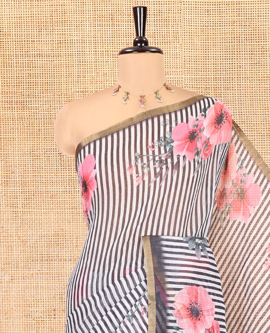 Black Linen Cotton Saree, Subtly Sparkled With Vertical Stripes, and Floral Motifs Print, A Subtle Piping Border, Floral Printed Pallu and a Matching Blouse