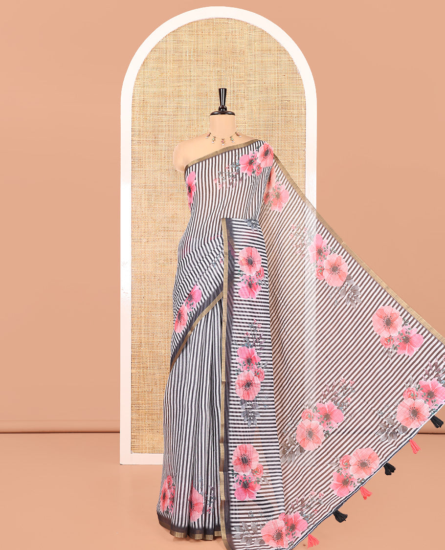 Black Linen Cotton Saree, Subtly Sparkled With Vertical Stripes, and Floral Motifs Print, A Subtle Piping Border, Floral Printed Pallu and a Matching Blouse