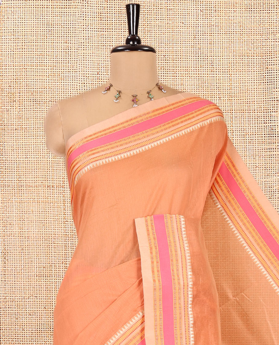 Orange Plain Mercerised Cotton Saree, Complemented by Contrast Traditional Border, Striped Pallu, and a Matching Blouse