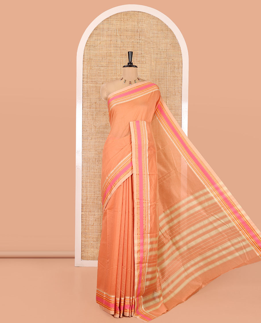 Orange Plain Mercerised Cotton Saree, Complemented by Contrast Traditional Border, Striped Pallu, and a Matching Blouse