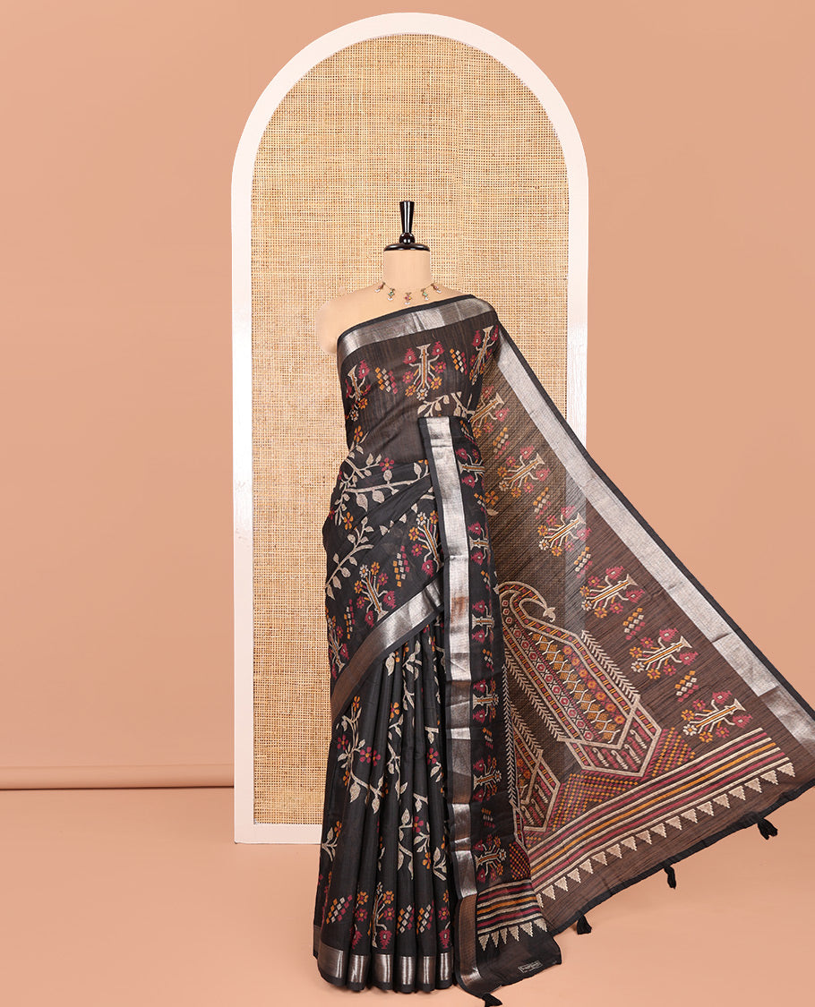 Black Jute Linen Saree, Accentuated with Jamdani Buttas, a Zari Border, Paisley Pallu and a Printed Blouse
