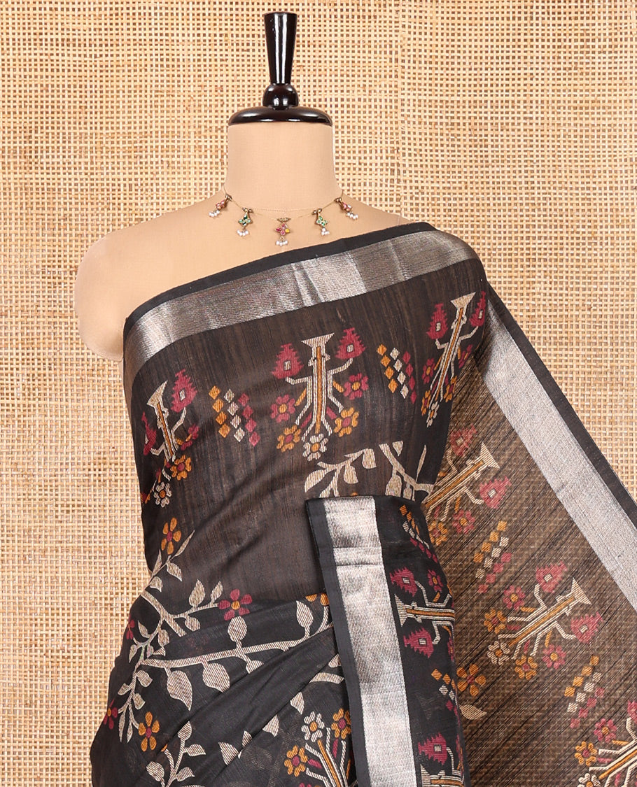 Black Jute Linen Saree, Accentuated with Jamdani Buttas, a Zari Border, Paisley Pallu and a Printed Blouse