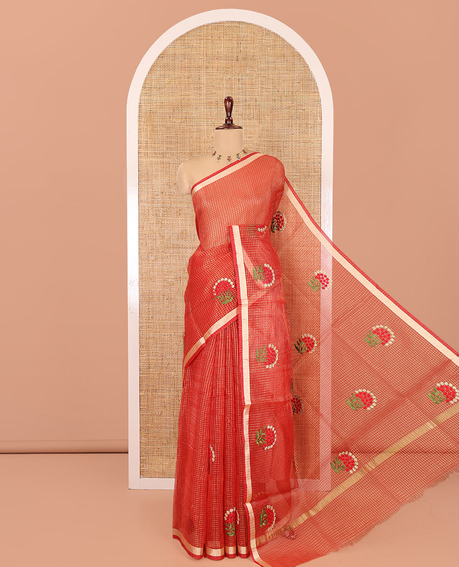 Red Kota Doria Saree, Adorned with Zari Checks and Floral Embroidery, a Piping Border, Matching Blouse