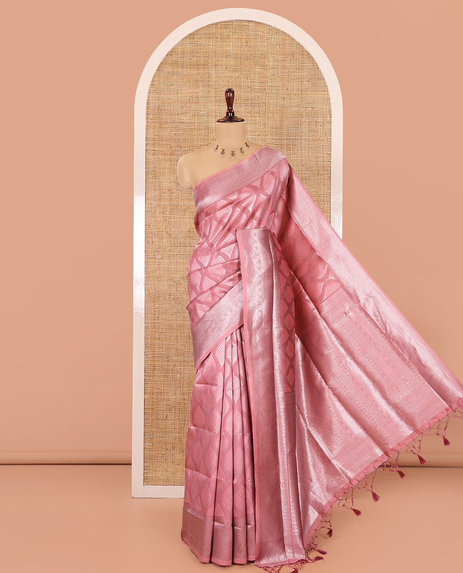 Onion Pink Elite Soft Silk Saree, Subtly Sparkled with Ogee Jacquard Design, a Traditional Zari Border, Zari Pallu, and a Matching Blouse