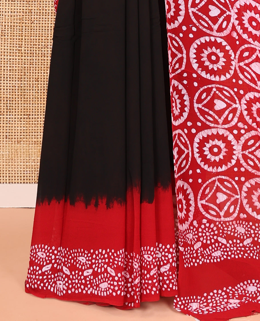 Black-Red Plain 60gm Georgette Saree, Contrast Batik Floral Printed Border, Batik Geometric Printed Pallu, and a Matching Blouse