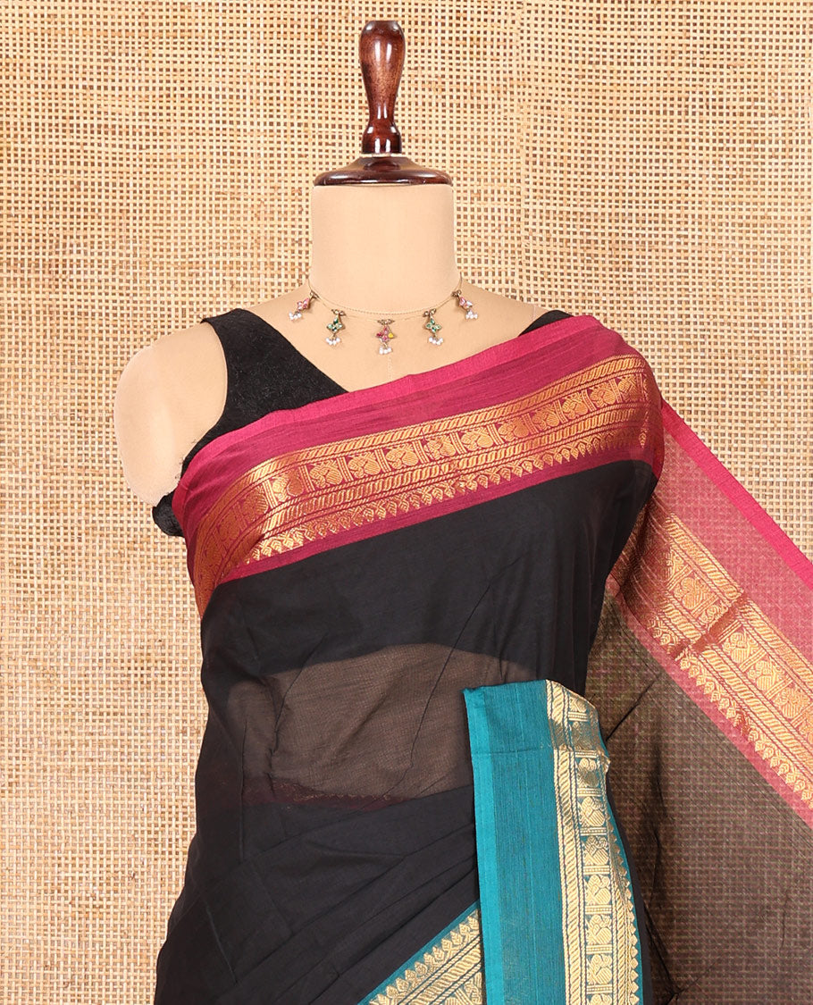 Black Plain Chettinad Cotton Saree, a Contrast Kal Eragina Traditional Ganga-Jamuna Border, Striped Pallu, and a Matching Blouse