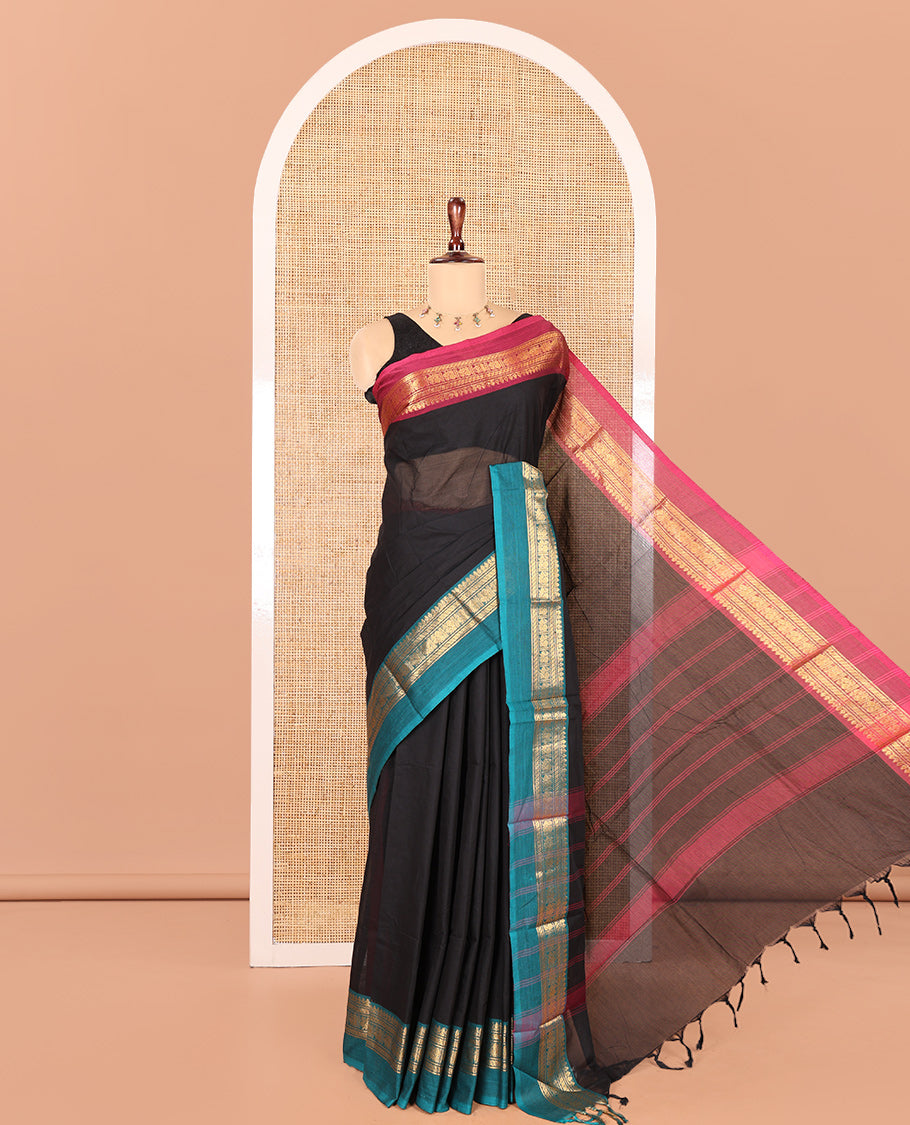 Black Plain Chettinad Cotton Saree, a Contrast Kal Eragina Traditional Ganga-Jamuna Border, Striped Pallu, and a Matching Blouse