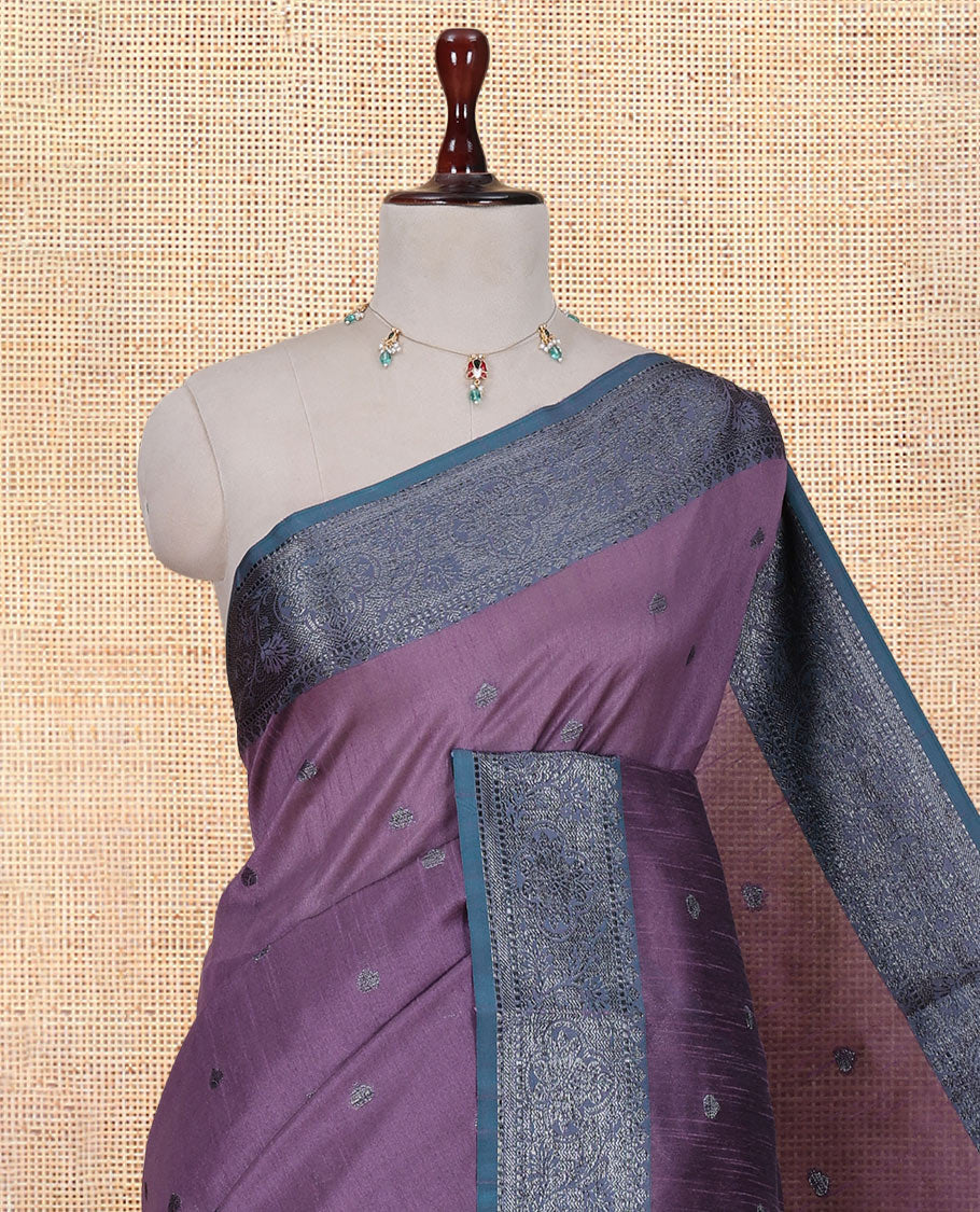 Dusky Pink Semi-Raw Silk Saree Features Thread Buttas, Contrast Intricate Border, Striped Pallu, and a Contrast Blouse
