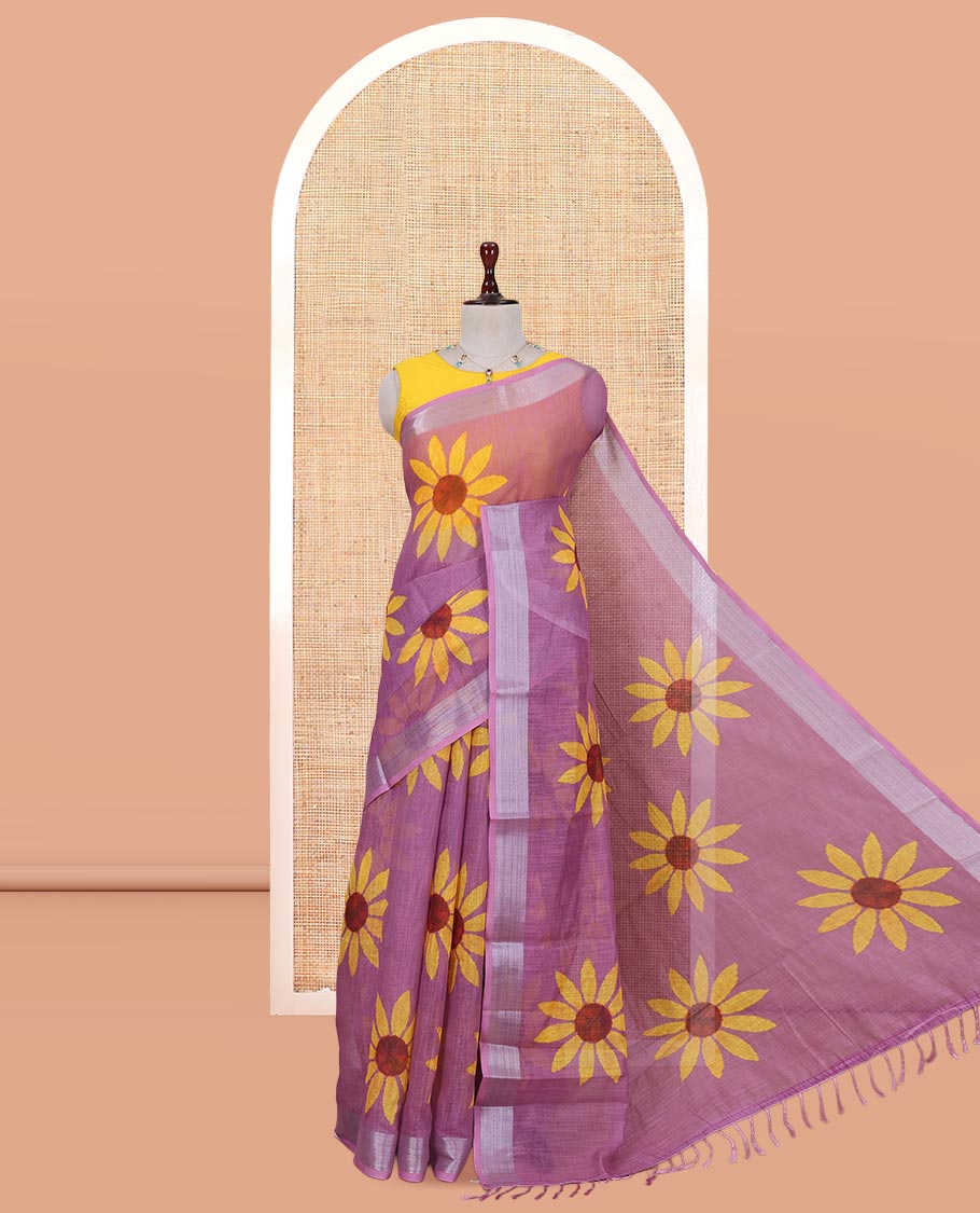 Onion Pink Linen Cotton Saree, Beautified with Sunflower Print, a Zari Border, and a Matching Blouse