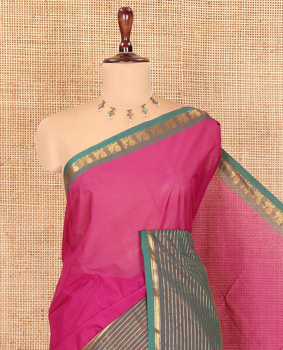 Dark Purple Plain Chettinad Cotton Saree, Complemented by a Contrast Traditional Zari Peacock Border, Striped Pallu, and Matching Blouse