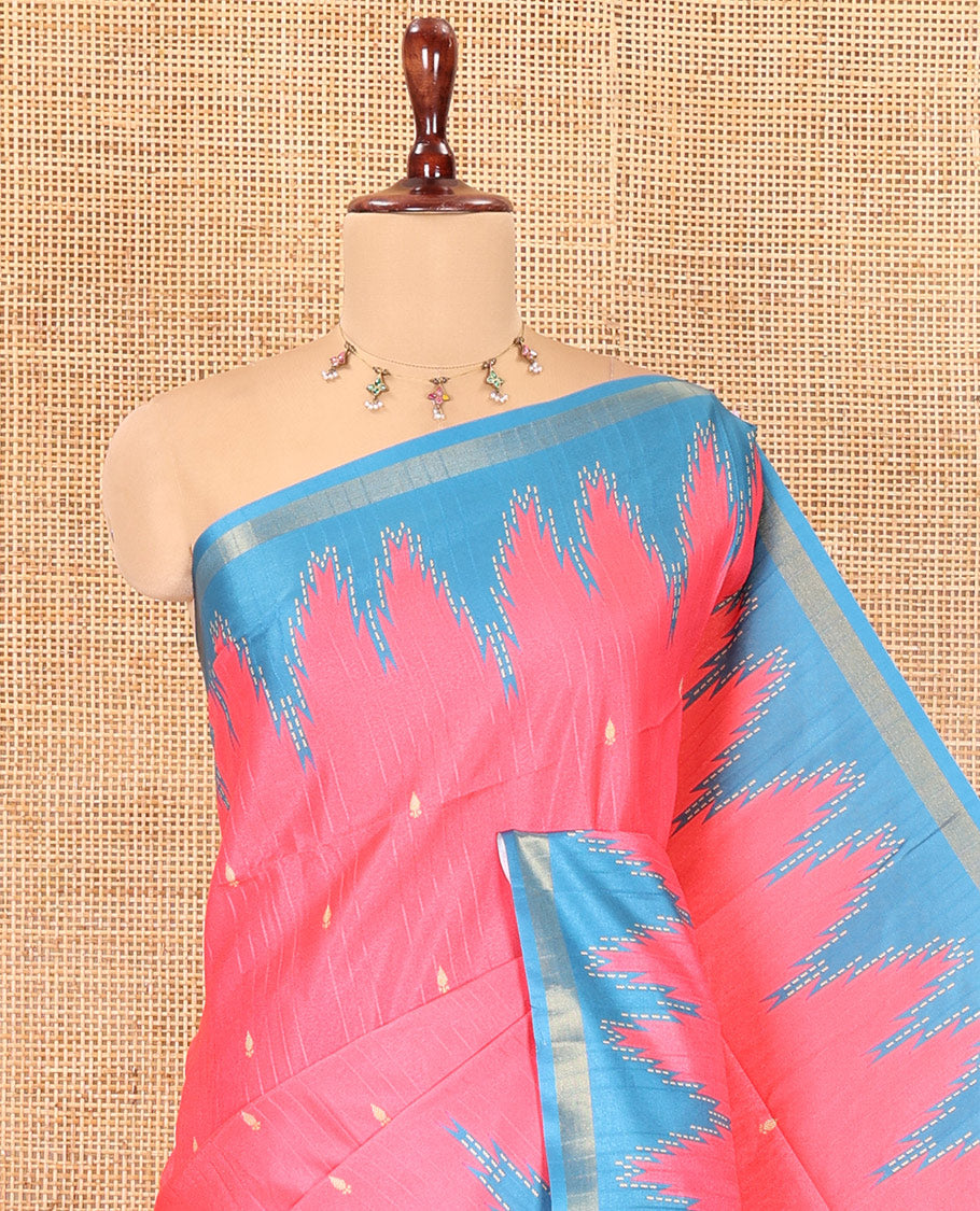 Pink Katan Silk Saree Features Buttas, Complemented by Contrast Temple Zari Border, Striped Pallu, and a Contrast Blouse