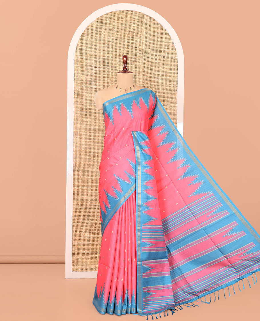 Pink Katan Silk Saree Features Buttas, Complemented by Contrast Temple Zari Border, Striped Pallu, and a Contrast Blouse