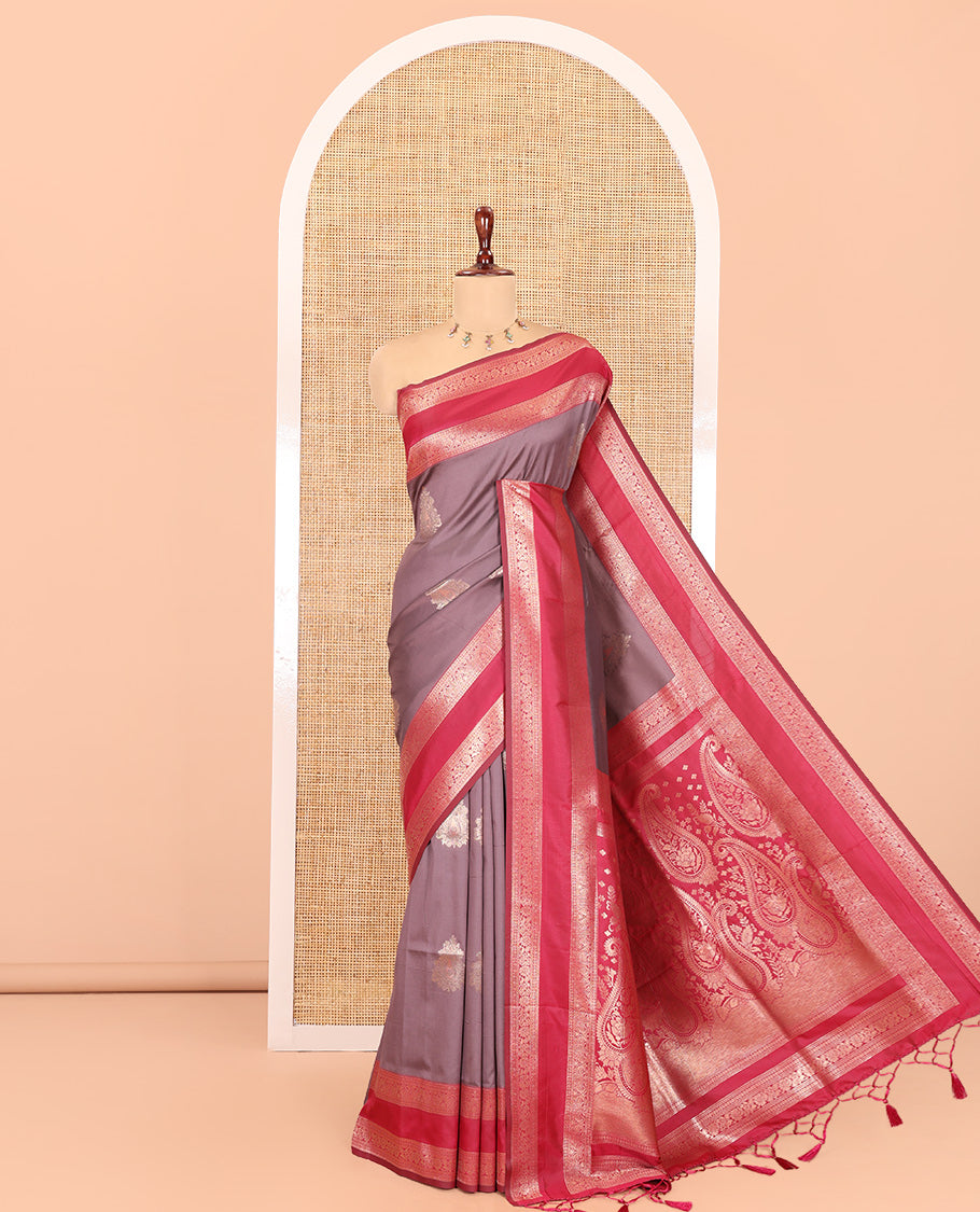 Dusky Mauve Elite Soft Silksaree Features Buttas, Contrast Rettai Pettu Border, Paisley Pallu, Contrast Blouse